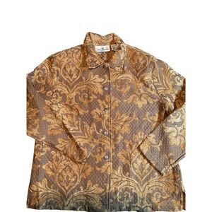 Erin London Petite Quilted Brocade Floral Button Front‎ Jacket Brown Gold L